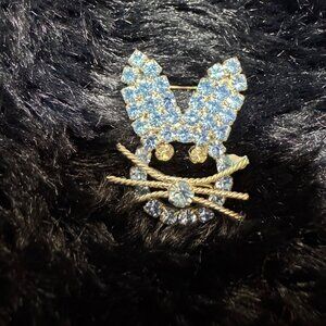 Silver Tone Rhinestone Rabbit Brooch Pin With Light Blue & Clear Stones Easter